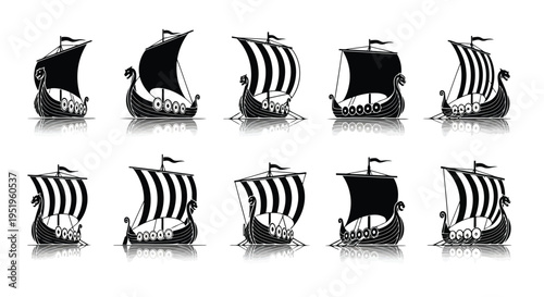 Collection of Black Viking Ship Silhouettes with Reflections