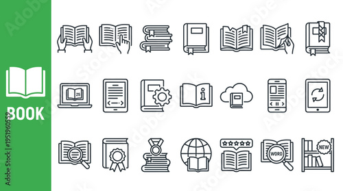 Book and Digital Learning Modern Line Icon Set for Education, Knowledge, and Online Resources