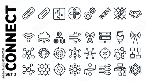 Essential collection of line icons for illustrating digital connections, network structures, and technological links