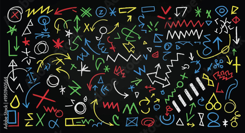 Collection of colorful hand-drawn chalk symbols and arrows on a black chalkboard
