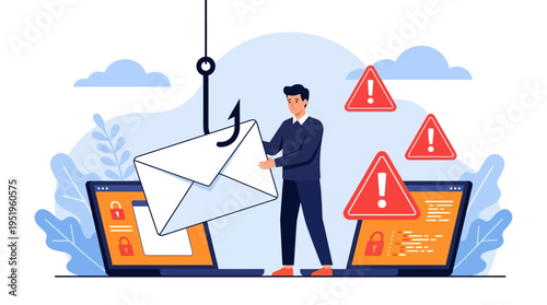 Cyber Attack Warning Digital Phishing Attempt to Steal Confidential Data and Information