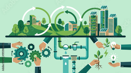 Sustainable circular economy concept with green energy, resource management, and collaborative innovation
