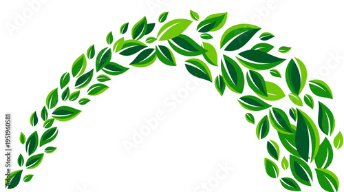Dynamic arc of vibrant green leaves symbolizing growth, sustainability, and eco-friendly freshness