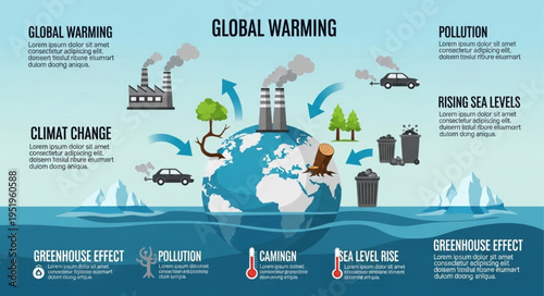 Global Warming Infographic - Causes, Effects, and Solutions for Climate Change.