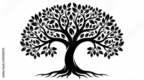 Symbolic silhouette of a flourishing tree with intricate branches and roots