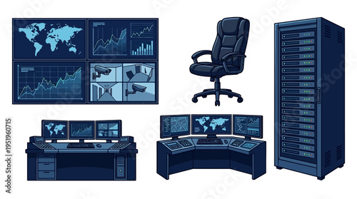 Cybersecurity operations center with multiple monitors and server racks