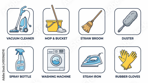 Set of cleaning equipment icons including vacuum, mop, broom, duster, spray bottle, washing machine, iron, and gloves