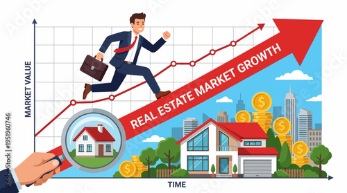 Professional navigating the booming real estate market, illustrating successful property investment and market value growth