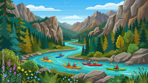 Vibrant Mountain Landscape with a River and Kayakers Enjoying the Outdoors