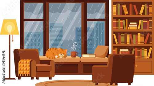 Cozy room with a cat by the window on a rainy day