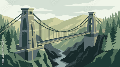 A Serene Vector Illustration of a Classic Suspension Bridge Over a Winding River Canyon