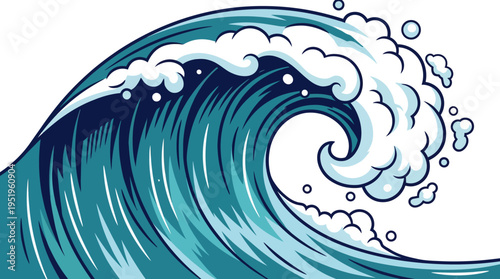 Vibrant illustration of a majestic ocean wave with a powerful curling crest, depicting the natural water movement and dynamic energy