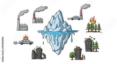 Iceberg Surrounded by Pollution Sources - A Visual Representation of Climate Change.