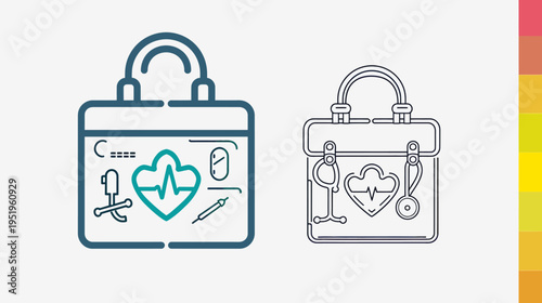 Illustration of two bags, one colored, one outlined, with health-related symbols inside