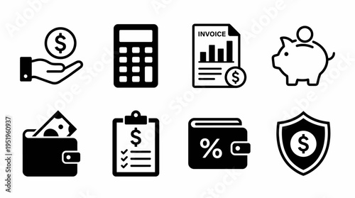 Comprehensive collection of black glyph icons representing financial management, budgeting, and monetary security concepts for web and app design