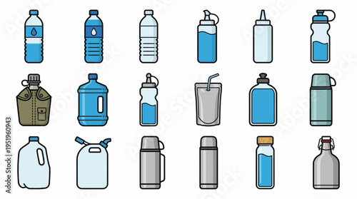 Diverse Collection of Hydration Containers Vector Illustrations of Various Water Bottles, Jugs, and Flasks for Everyday Use