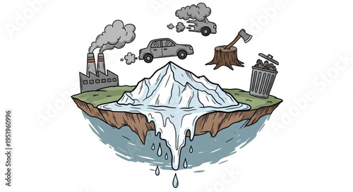 Illustration of melting glacier due to pollution and deforestation, showcasing the impact of human activities on climate change.