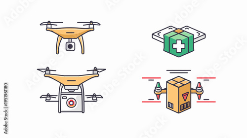Four different, colorful vector illustrations of drone-related designs against a white background