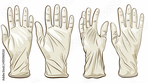 Four illustrations of medical gloves in various poses. White background. Cartoon style