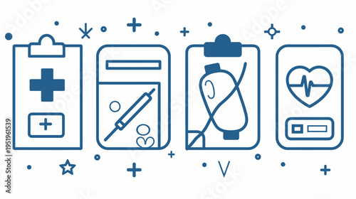 Medical icons in blue, showing cross, injection, IV bag, and heart rate monitor