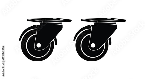 A pair of black caster wheels with white outlines on a plain white background