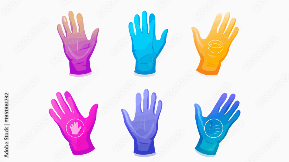 Fototapeta premium A collection of six colorful, vector illustrations of hands in gloves, offering a modern aesthetic