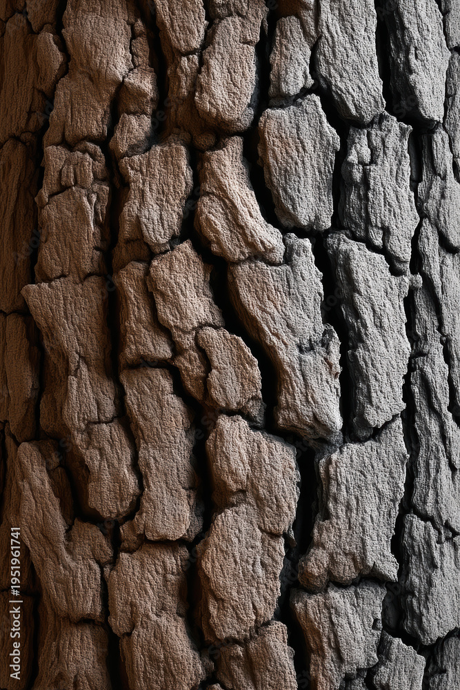 Obraz premium Textured tree bark close up, rough surface, natural brown and gray color, organic pattern, detailed macro nature background