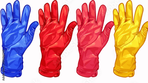 A collection of four colorful gloves in blue, red, pink, and yellow. A clean style against a white background