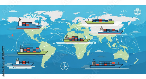 Global Trade Routes - Container Ships Navigating the World Map.