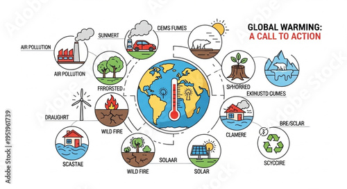 Global Warming - A Call to Action Illustrating Climate Change Impacts.