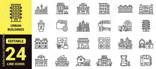 Urban buildings and services icon set featuring skyscrapers, hospitals, hotels, malls, restaurants, coffee shops, transport hubs, and high‑ranking infrastructure