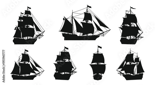 Collection of six black and white silhouette images of sailing ships with various configurations