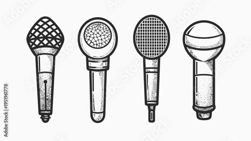 A black and white illustration of four different microphones, each with a unique head design