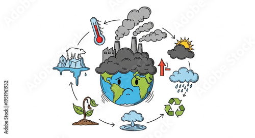 Global Warming and Climate Change Illustration with Earth and Pollution.