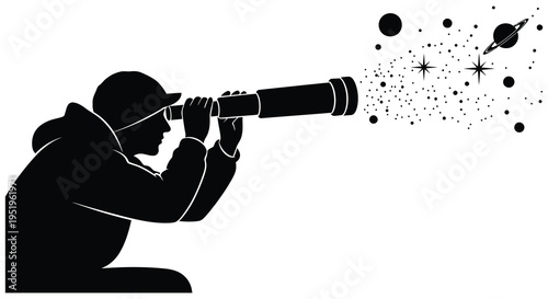 A person in silhouette looking through a telescope at celestial objects