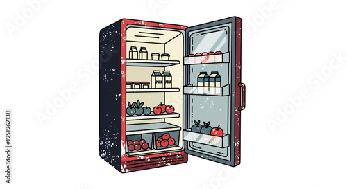 Retro Refrigerator Filled with Fresh Produce and Dairy