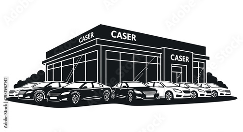 Caser car dealership building with multiple vehicles parked outside