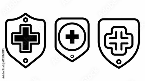 Three minimalist emblems featuring a cross symbol inside a shield shape, in varying designs