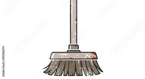 Rusty old broom with sparkling dust against white background