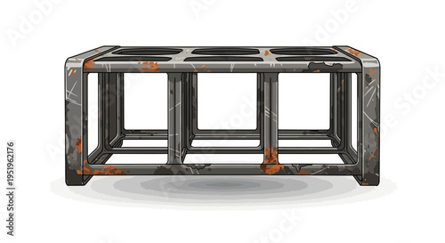 Rusty metal frame with square openings on white background