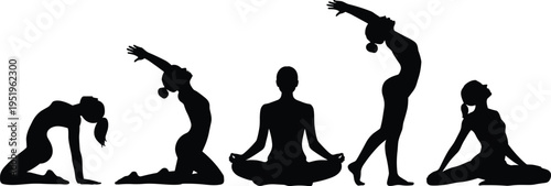 Black Silhouettes of Women Performing Various Yoga Poses on a White Background woman female