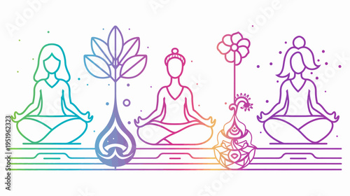 Colorful illustration of people meditating next to stylized plants and floral elements