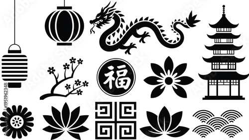Collection of Black Silhouettes of Asian Cultural Symbols and Icons culture