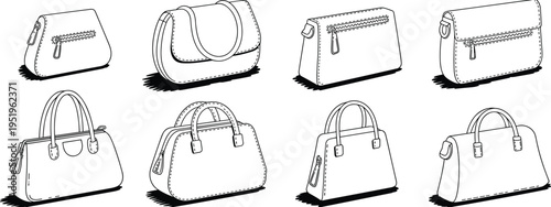 Collection of Eight Black and White Outline Illustrations of Handbags and Purses accessory