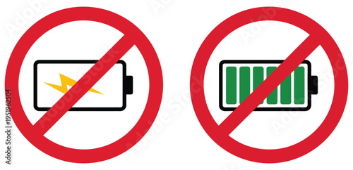 Battery restriction icon collection, empty or disabled battery symbol, no charging allowed sign, power limitation, and energy control vector