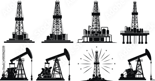 Silhouettes of Oil Rigs and Pumpjacks with Stylized Elements derrick oil pump