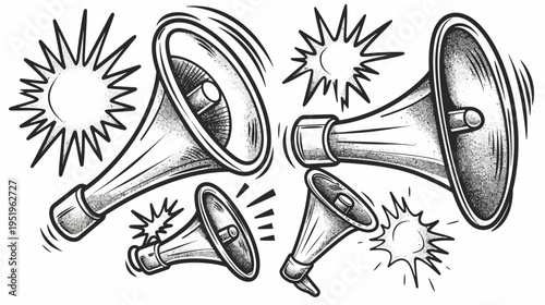 Artistic black and white illustration of several vintage-style megaphones