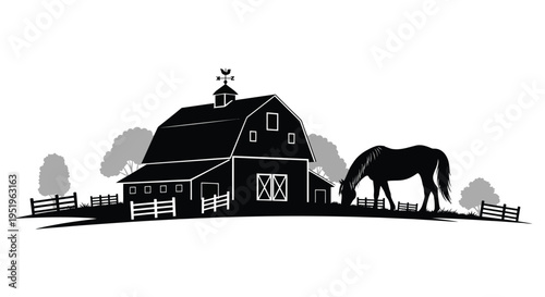 A serene rural scene with a horse grazing beside a traditional barn