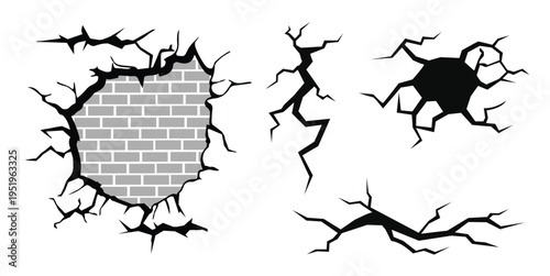 Vector set of cracked wall elements with exposed brick and abstract damage illustrations for graphic design with Flat Design with Graphic Resource