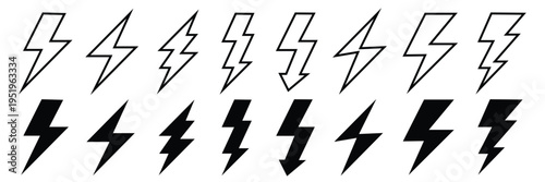 Collection of lightning bolt vector icons, both outlined and solid black, representing energy and power for design, Graphic Resource